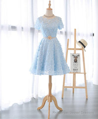 Cute Blue Lace Short Prom Dress, Blue Homecoming Dress