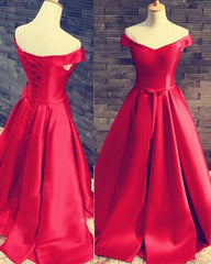 2025 Gorgeous Red Floor-Length/Long A-Line/Princess Off-the-Shoulder Lace Up Satin Prom Dresses