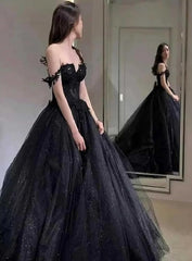 Black Prom Dresses Ball Gown Tulle Elegant Sleeveless Heart Shaped Neck Shiny Sequins