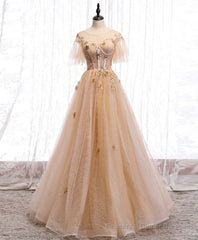 Champagne Round Neck Tulle Lace Long Prom Dress, Formal Dress