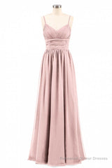 Dusty Pink Spaghetti Straps Banded Waist Long Bridesmaid Dress