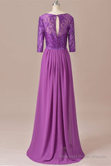 Purple Lace Round Neck Keyhole Back Long Mother of the Bride Dress