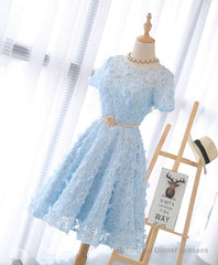 Cute Blue Lace Short Prom Dress, Blue Homecoming Dress