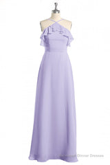 Lavender Halter Ruffled A-Line Long Bridesmaid Dress