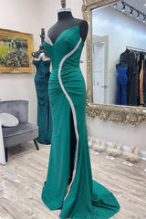 Asymmetrical Green Beaded Mermaid Long Prom Dress with Slit