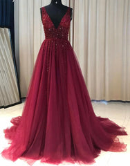 Deep V-neck Sexy A-Line Long Prom Dress With Beading