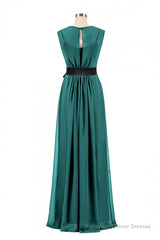 Hunter Green Crew Neck Belted Long Bridesmaid Dress