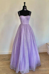 Spaghetti Straps Sparkly Lilac A Line Prom Dresses Sequin Evening Dresses