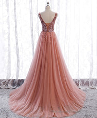 Pink V Neck Tulle Sequin Long Prom Dress, Pink Formal Dress