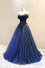 A-Line Tulle Beading Long Prom Dresses, Off the Shoulder Evening Dresses