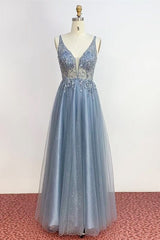 V Neck Misty Blue Long Formal Dress