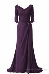 V-Neck Half Sleeve Plum Mother of Bridal Dress