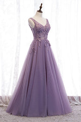 Elegant Lilac V-Neck Appiques Long Prom Dress