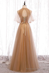 A-Line Beaded Champagne Tulle Bridesmaid Dress