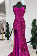 Fuchsia Sequin Strapless Mermaid Long Prom Dress with Slit