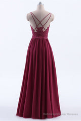 Wine Red Chiffon A-line Long Pleated Bridesmaid Dress