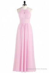 Pink Chiffon Halter Sleeveless A-Line Long Bridesmaid Dress