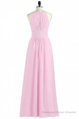 Pink Chiffon Halter Sleeveless A-Line Long Bridesmaid Dress