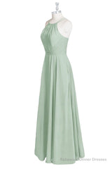 Sage Green Chiffon Halter A-Line Long Bridesmaid Dress