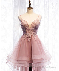 Pink Tulle Lace High Low Prom Dress, Pink Homecoming Dress, 1