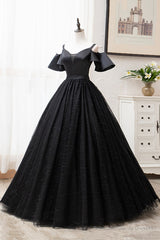 Black V-Neck Tulle Long Prom Dresses, A-Line Black Evening Dresses