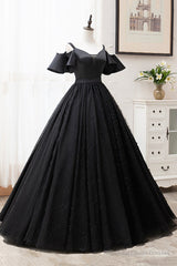 Black V-Neck Tulle Long Prom Dresses, A-Line Black Evening Dresses