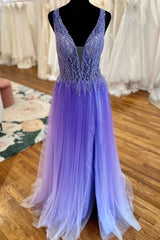 Purple Beaded Plunge Neck Long Prom Dress with Slit