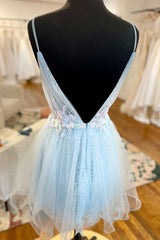 Light Blue Tulle Open Back A-Line Short Party Dress