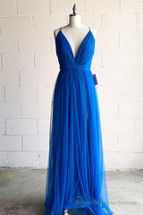 A-line V-Neck Pleated Tulle Long Bridesmaid Dress with Slit