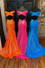 Off the Shoulder Orange Mermaid Long Prom Dress