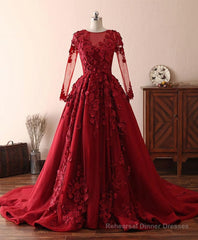 Burgundy Lace Satin Long Prom Dress, Burgundy Lace Evening Dress