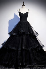 Black Tulle Open Back V Neck Beaded Layered Long Prom Dresses