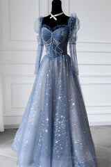 Blue Sparkly Tulle Prom Dress with Long Sleeves, New Style Long Dress with Beading