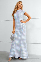 Light Blue Sequined High Neck Short Sleeves Mermaid Prom Dress