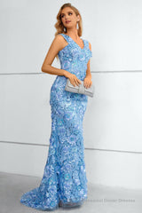 Blue V-Neck Mermaid Prom Dress With Flowers and Appliques