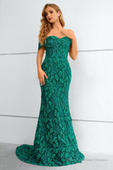 Dark Green Off The Shoulder Mermaid Prom Dress With Appliques