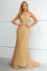 Yellow Halter Neck Mermaid Prom Dress