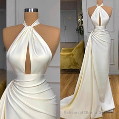 Ivory Halter Long Evening Prom Dress With Split Detachable Train