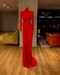 Glamorous High Neck Long Sleeve Red Prom Dress Long With Split