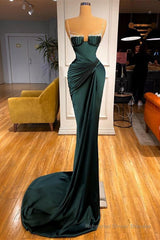 Gorgeous Dark Green Spaghetti-Straps Mermaid Prom Dress With Beadings