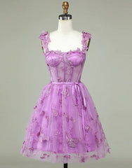 Cute Purple A-Line Lace Up Tulle Homecoming Dress With Appliques