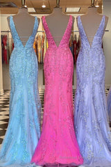 Plunge V Neck Lace Appliques Long Prom Dress