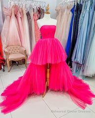 High Low Hot Pink Strapless Formal Gown