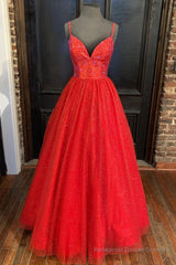 Sraps A-line Red Shiny Tulle Prom Gown