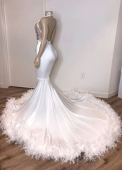 Black Girl Prom Dresses, V Neck Sexy Backless White Prom Dresses With Feather Mermaid Crystals Appliques Evening Gowns