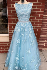 Dusty Blue A-line Backless Prom Dress Long Dusty Blue Lace Formal Dress