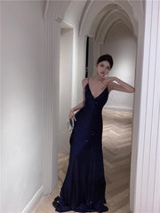 Navy Blue Spaghetti Strap A-Line V-Neck Sequined Long Prom Dress, Adult Ceremony Graduation Evening dress