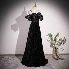 A-Line Off Shoulder Velvet Sequin Long Black Prom Dress, Black Long Evening Dress