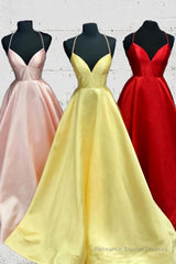 Elegant Yellow Satin Long Prom Dress with Cross Back