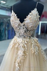 V-Neck Champagne Appliques Long Prom Dress with Straps